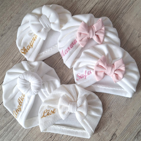 Turban bonnet nœud, buns ou simple personnalisable Prénom brodé tissu sweat fourré et chaud 15 couleurs